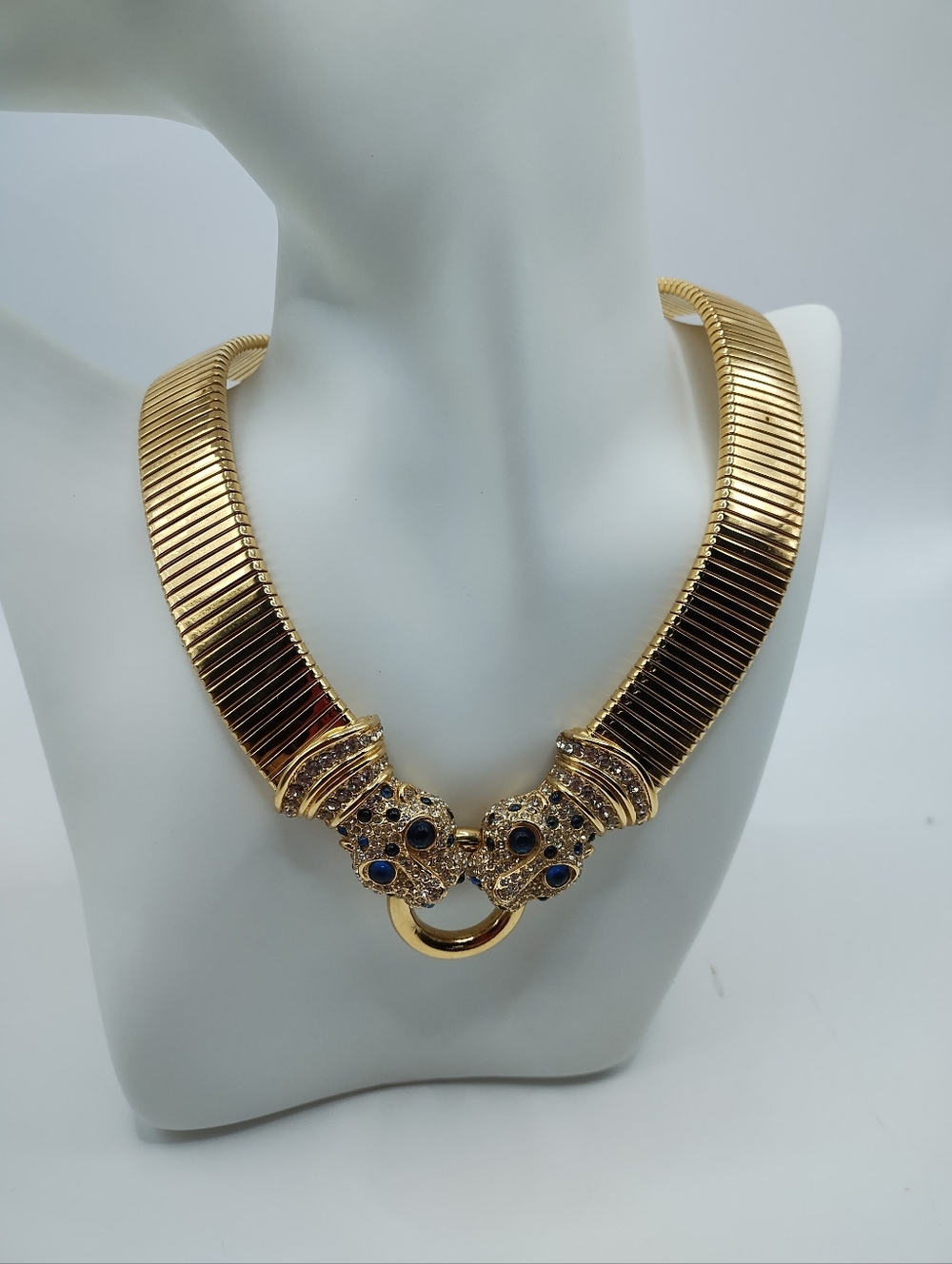 Vintage Ciner Double Panther Omega Necklace With The Rarest Blue Eyes - Picture 3 of 9